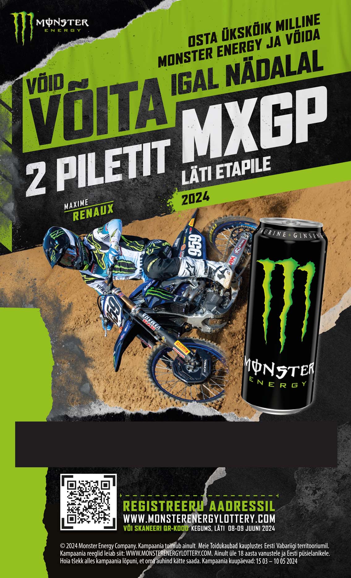 Võid osta ükskõik milline Monster Energy ja võida voita igal nädalal 2 piletit MXGP Läti etapile 2024!