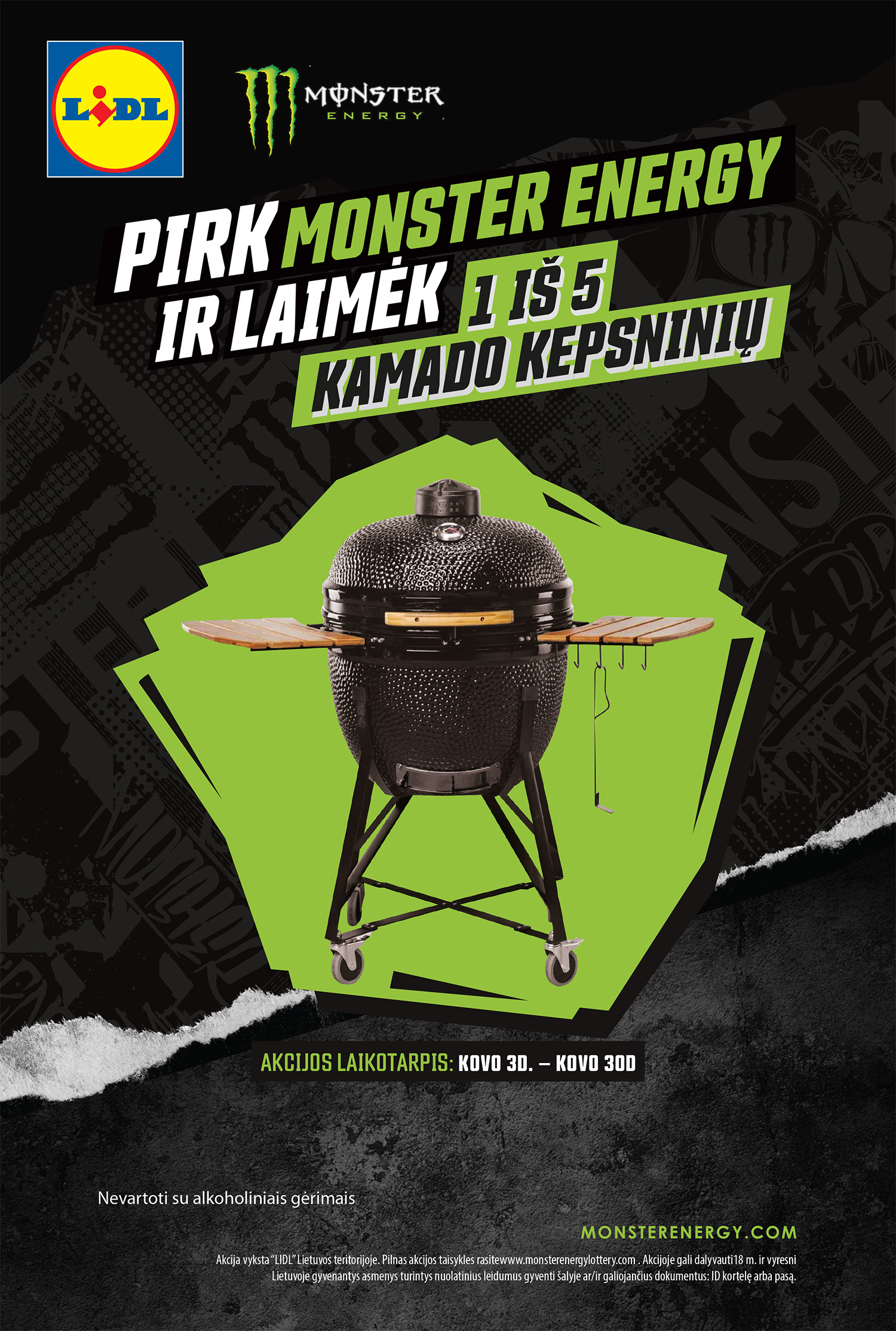 Pirk Monster Energy ir laimėk 1 iš 5 kamado kepsninių!