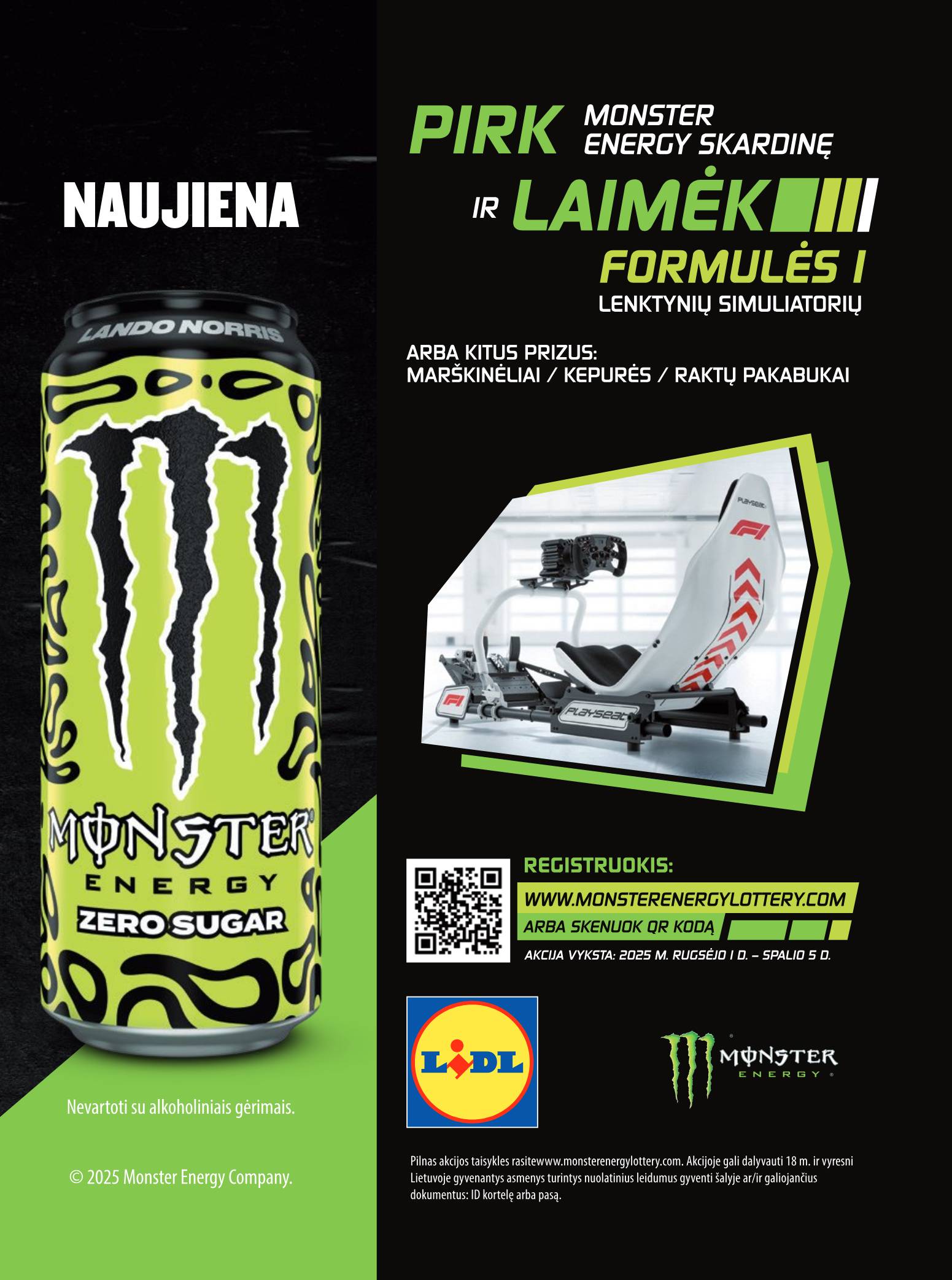Pirk Monster Energy skardinė ir laimėk Formulės 1 Lenktynių simuliatorių!